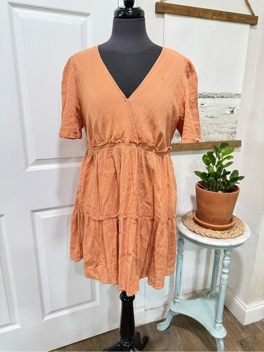 Terracotta Tiered V-Neck Babydoll Dress